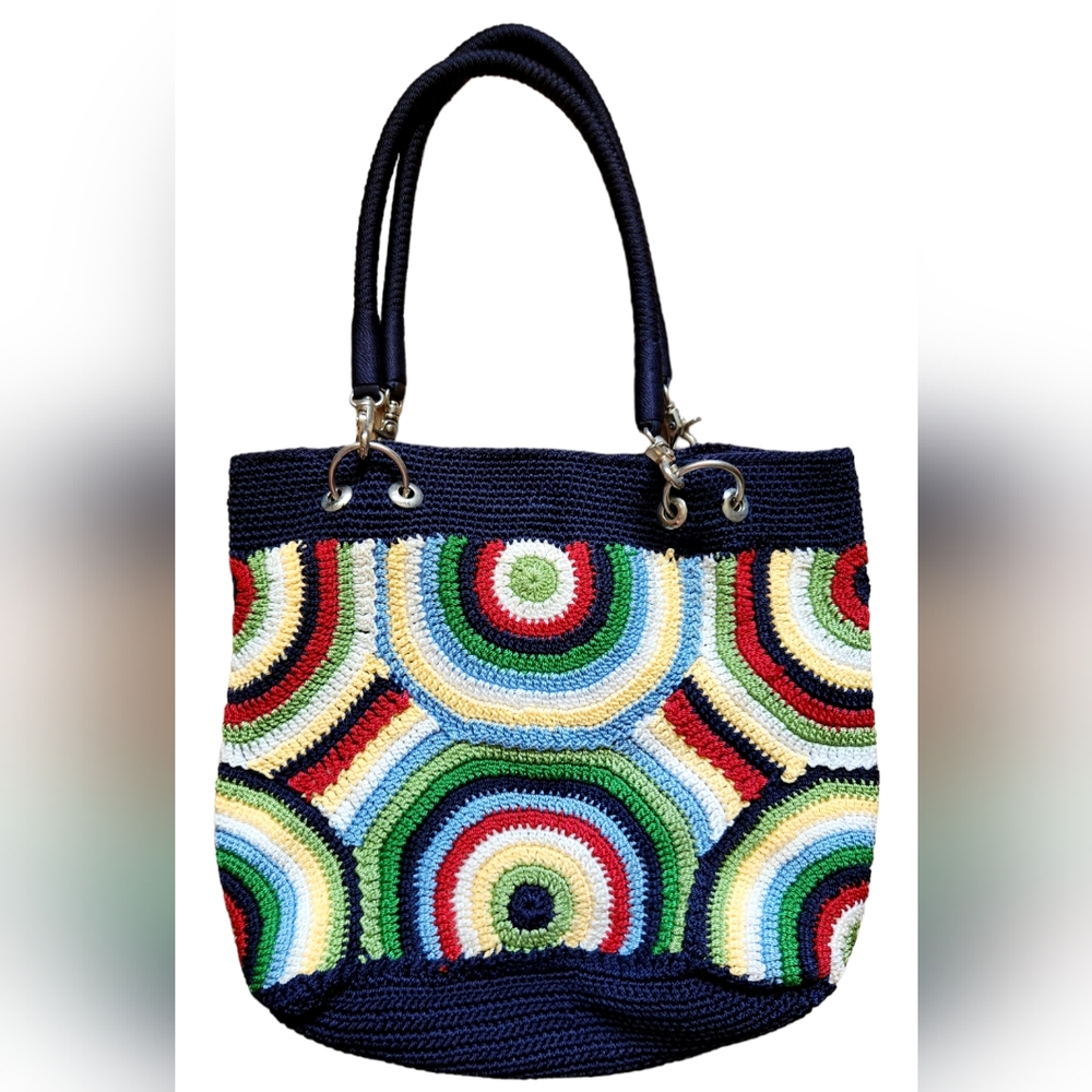 THE SAK Womens Purse Bag Crochet Granny Circles BOHO Navy Double Handles Tote